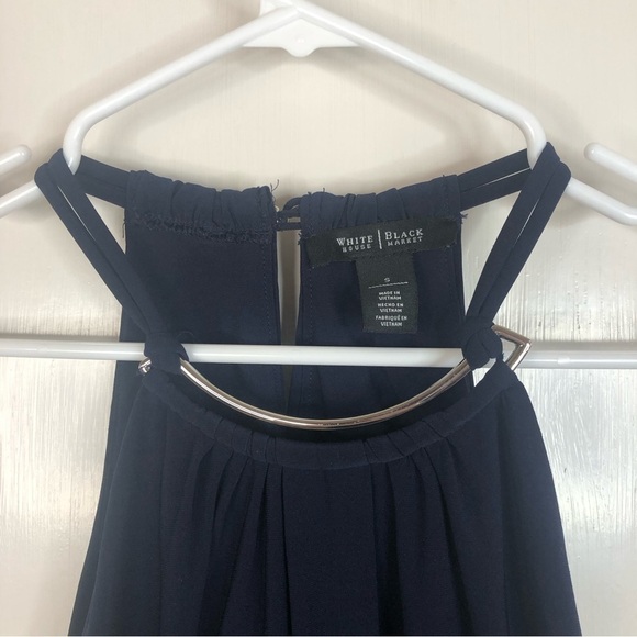 WHBM navy blue blouson sleeveless halter blouse silver metal detail neck size S - Picture 4 of 10